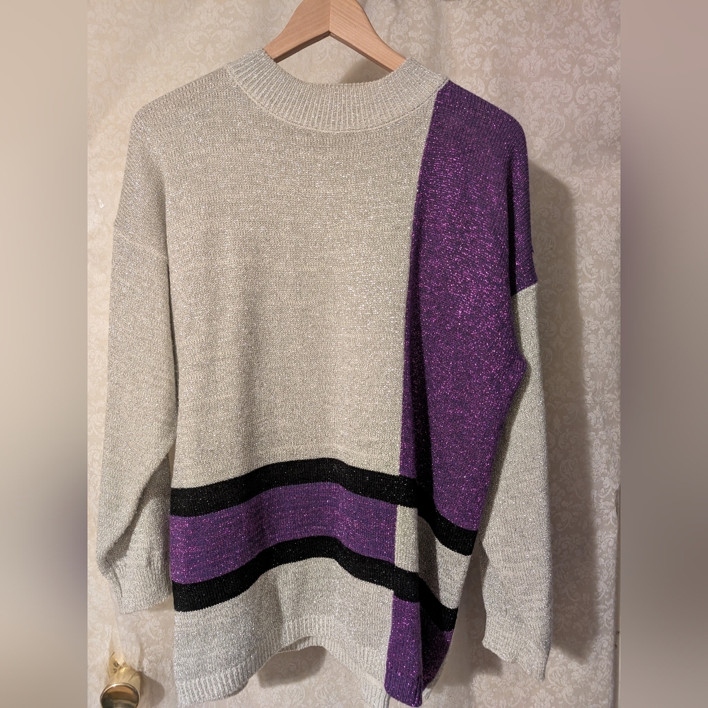 Vintage 80s Shenanigans‎ Purple & Silver Metallic Look Sweater Sz Small
